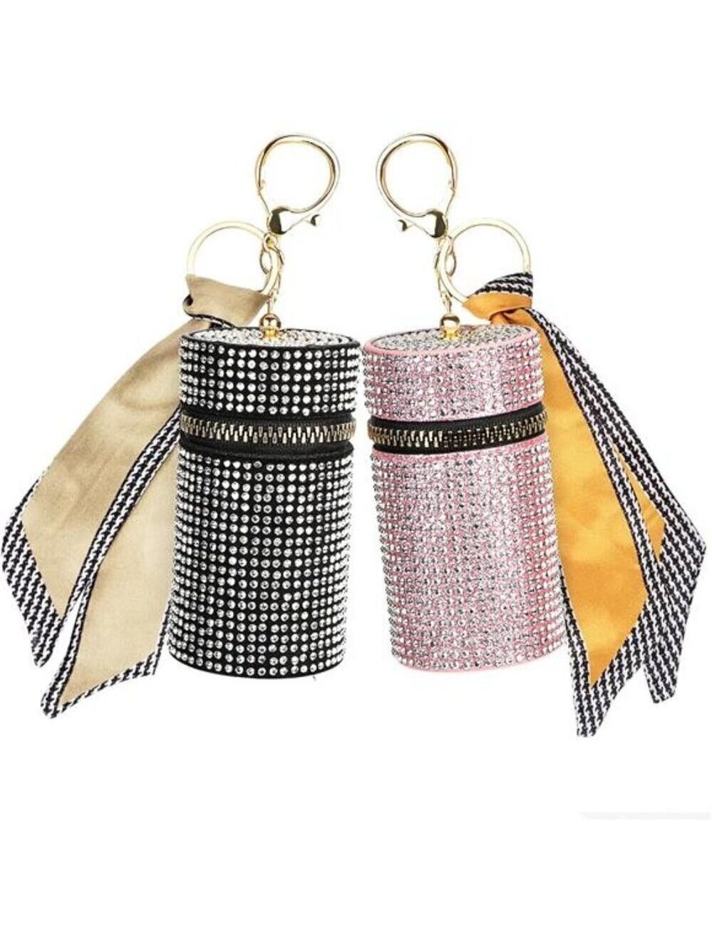 2 Pack Lipstick Case Keychain Leather Diamond Lip Gloss Holder Black & Pink